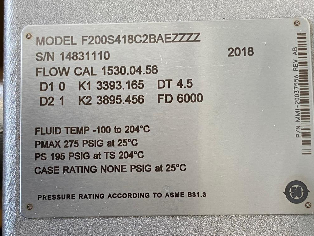 Micro Motion 2" x 1-1/2" 150# 316 Stainless Flow Meter F200S418C2BAEZZZZ (R)